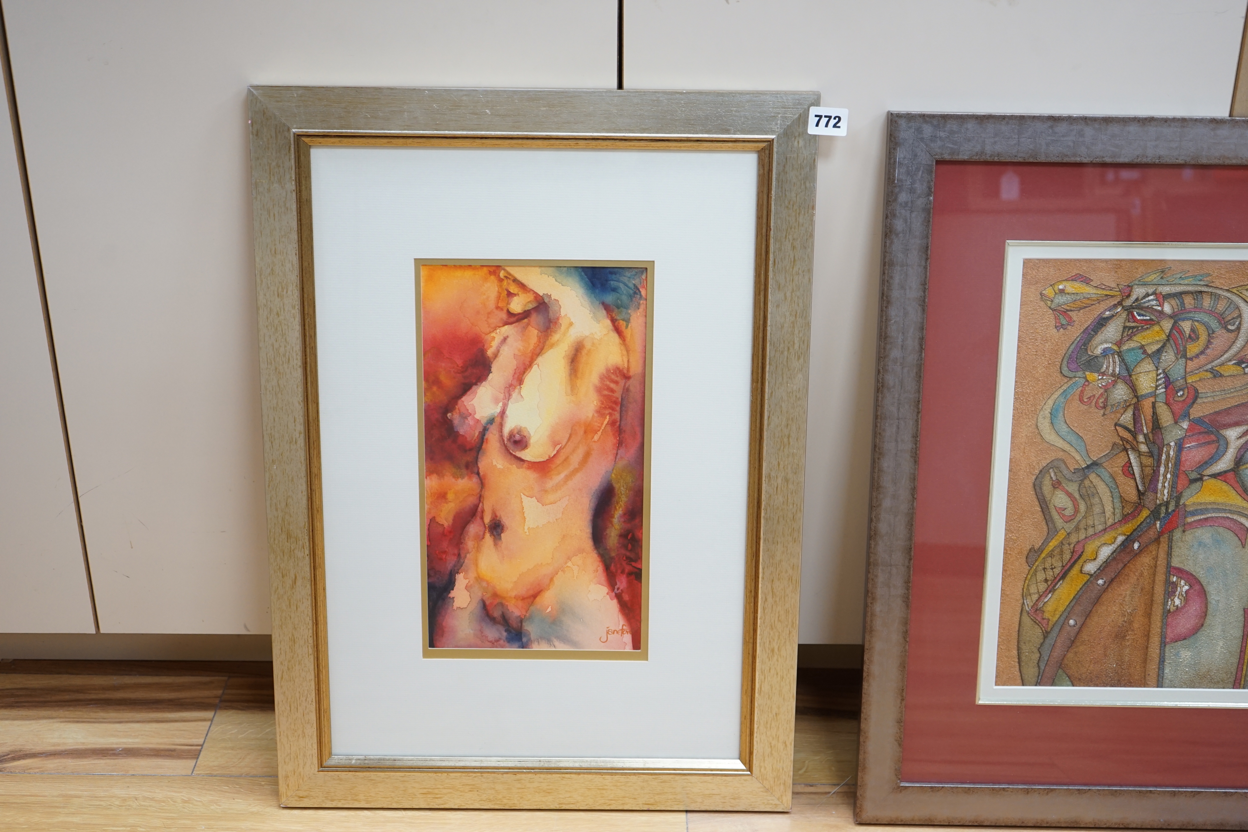 Jane Ford (b.1944), watercolour, Study of a nude lady, inscribed label verso, signed, 34 x 18cm